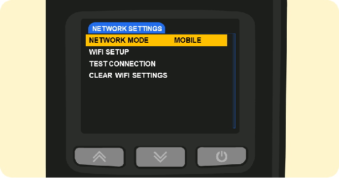Shaker Solo card machine network settings menu options with network mode highlighted and switches between Wi-Fi and mobile