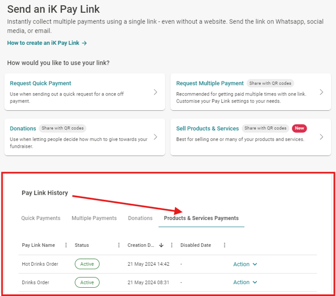 Pay Link History view