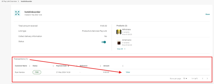 Specific Product Pay Link History