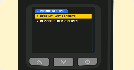 Shaker Solo reprint receipts menu opened with reprint last receipts highlighted