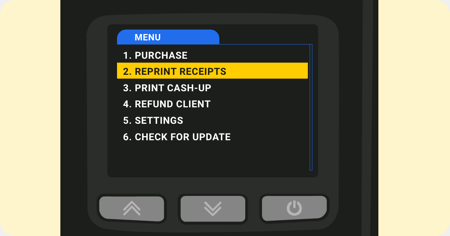 Shaker Solo menu options with the reprint receipts option highlighted