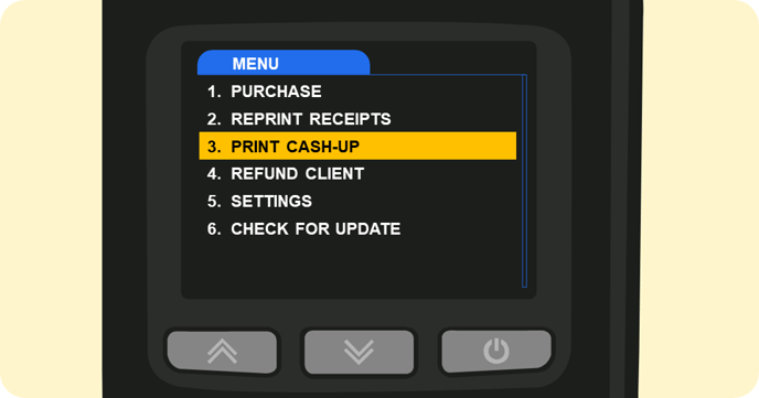 Shaker Solo card machine menu with print cash-up option highlighted