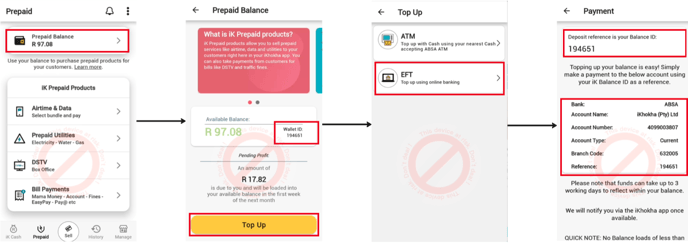 Diagram showing what you need to select to top up iK Prepaid balance using EFT 