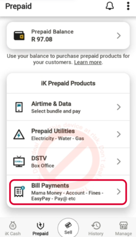 Bill payments option highlighted on the iK Flyer
