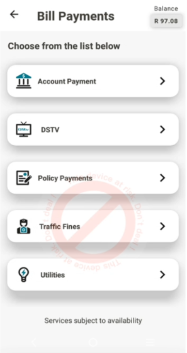 List of bill payment options on the iK Flyer