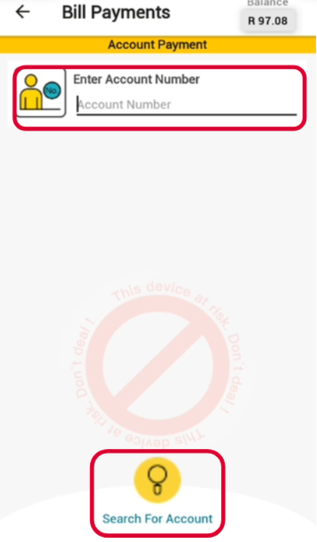 Input field for entering the account number highlighted and the search button highlighted to make a bill payment in the iK Flyer
