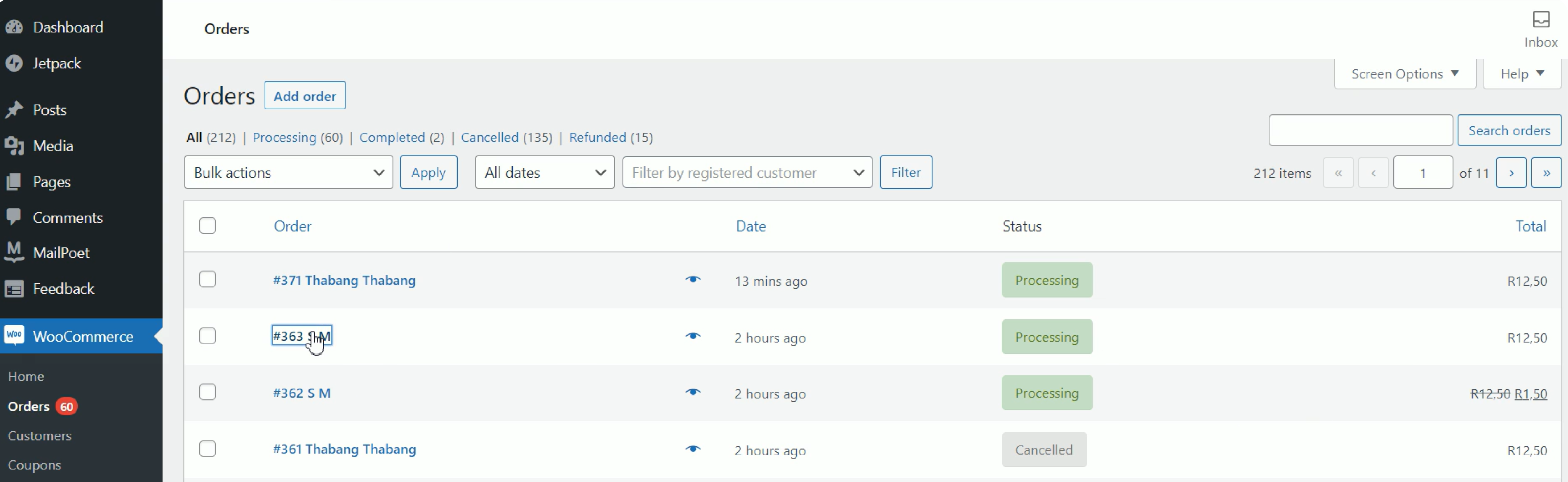 WooCommerce payment gateway dashboard with a list of orders, their date, status, and the cursor is hovering over an order name