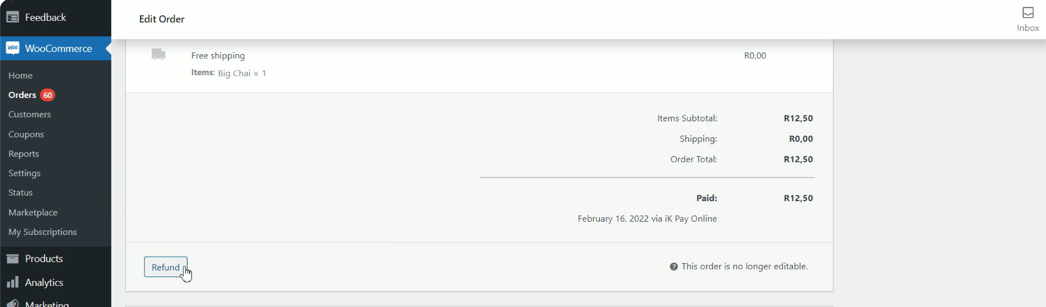 WooCommerce payment gateway dashboard with the edit order feature open and the cursor is hovering over the refund button