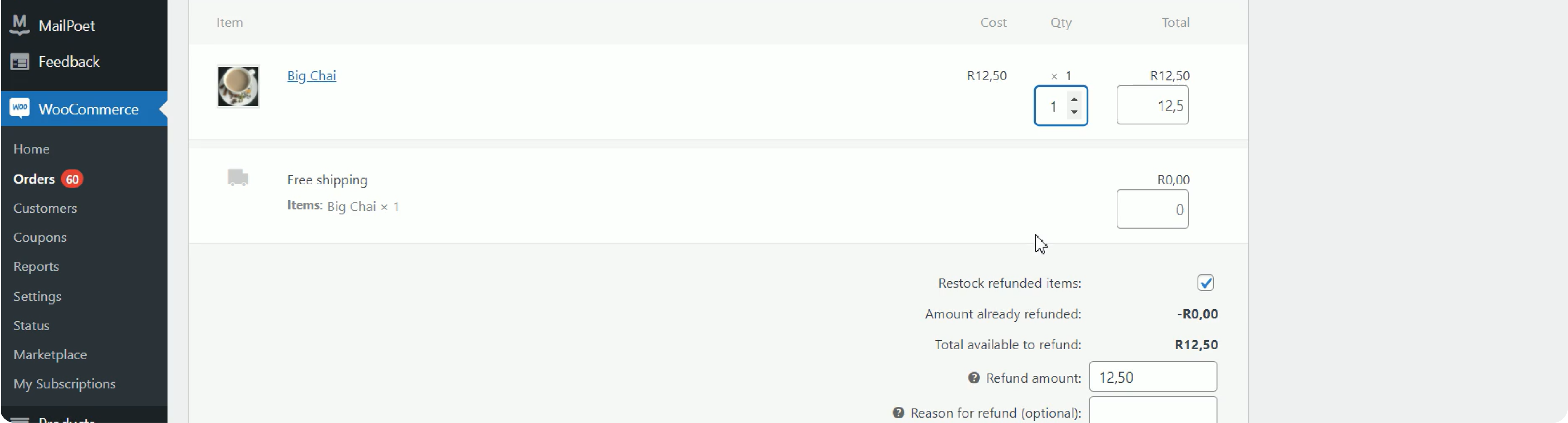 WooCommerce payment gateway dashboard with the order details open and the refund amount is filled in