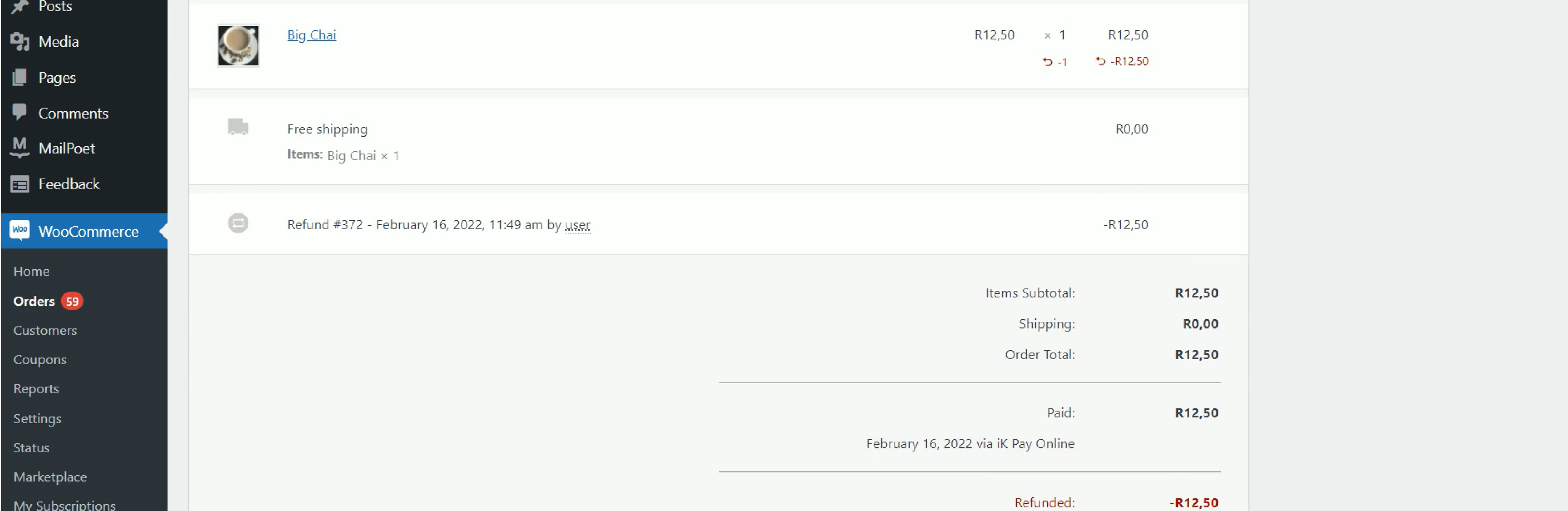 WooCommerce payment gateway dashboard with the order details open and the refund is complete