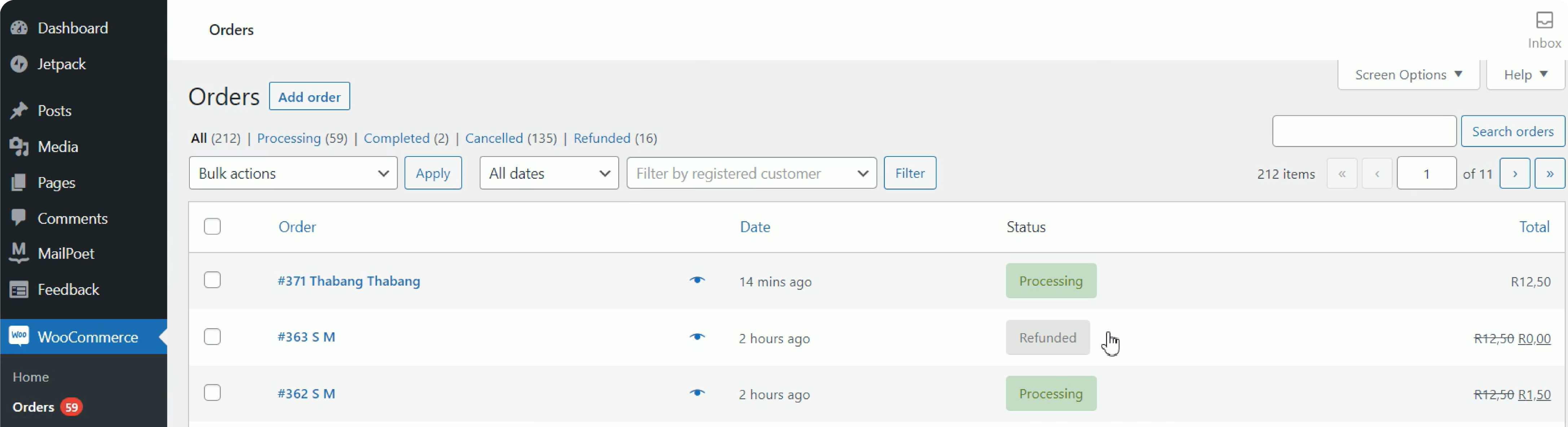 WooCommerce payment gateway dashboard with a list of orders, their date, status, and the order item's status is refunded