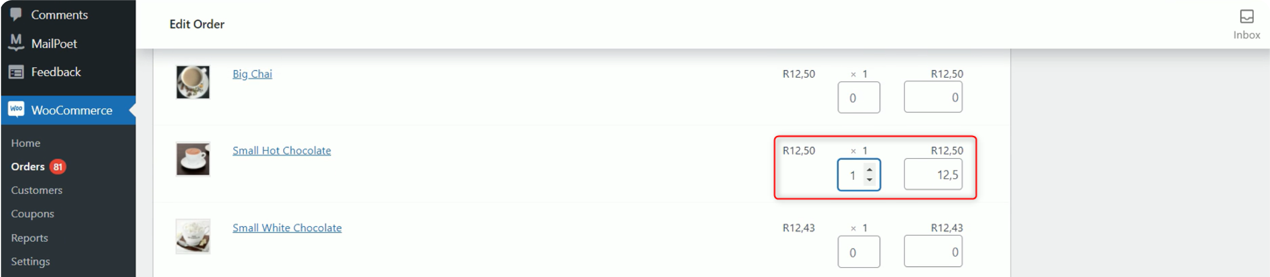 WooCommerce payment gateway dashboard edit order screen with the item to be partially refunded circled with a red rectangle