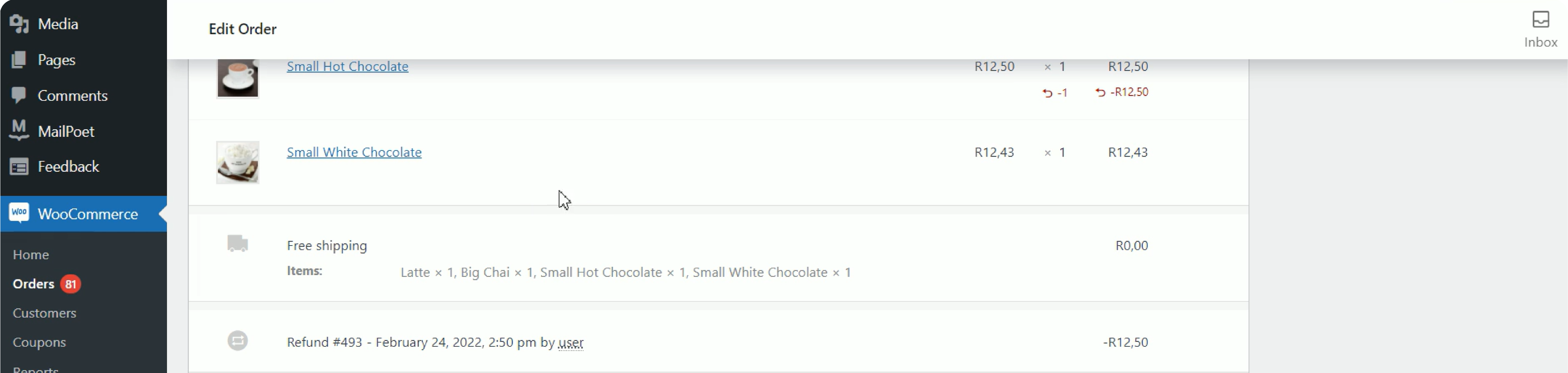 WooCommerce payment gateway dashboard edit order screen showing the item and partially refunded amount