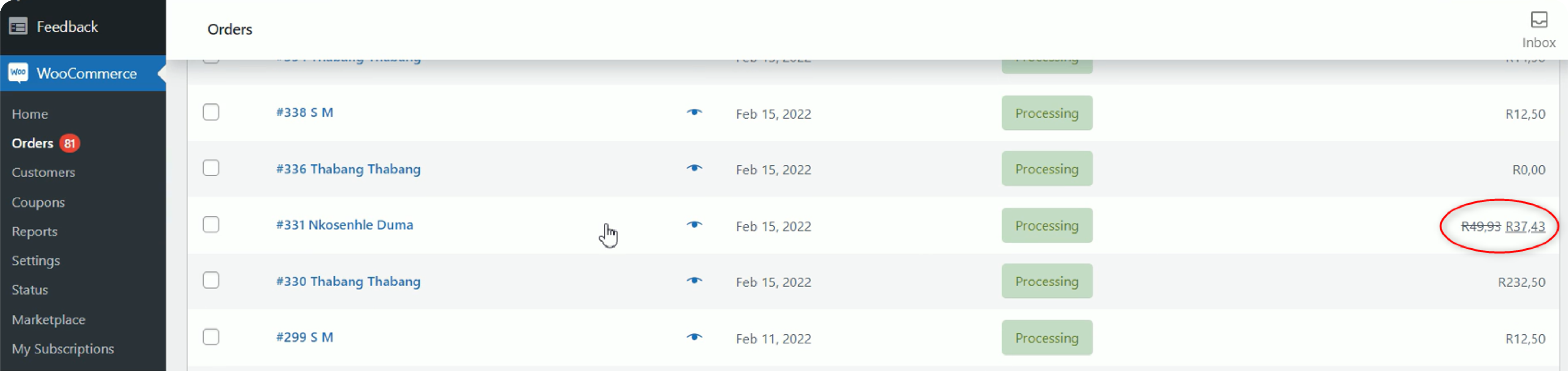 WooCommerce payment gateway dashboard with a list of orders, their date, status, and the order item's status is processing and the item's amount is circled in red