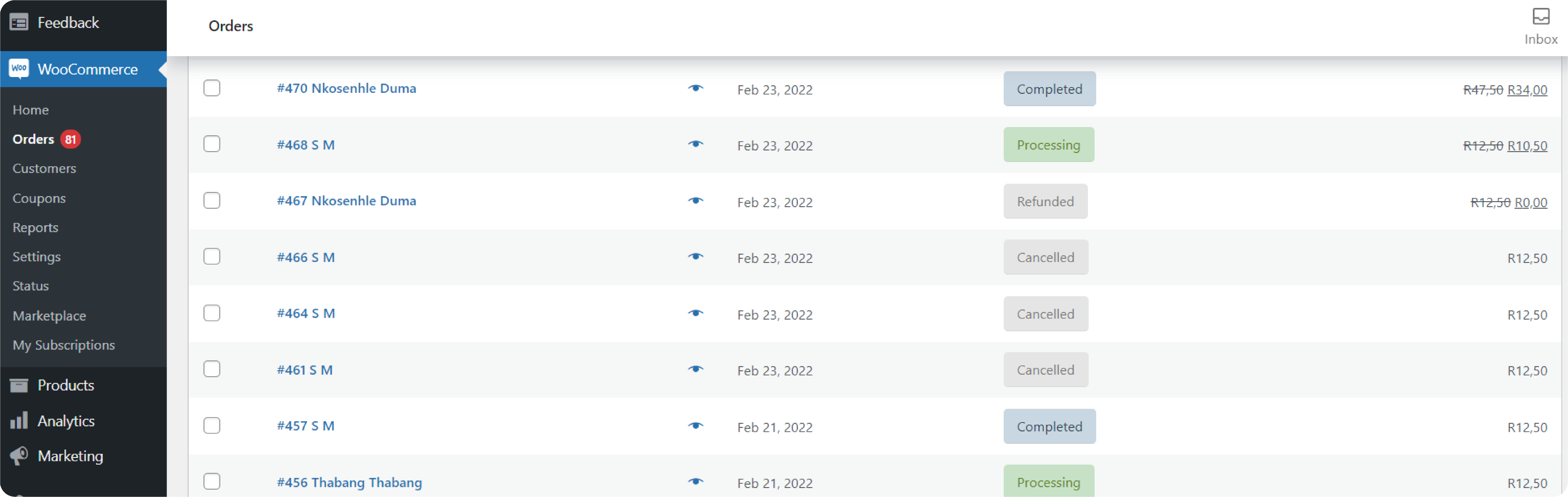 WooCommerce payment gateway dashboard with a list of orders, their date, and status