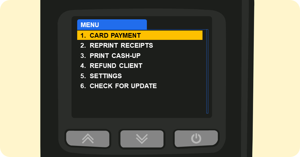 Shaker Solo card machine menu options with settings option circled with a green rectangle