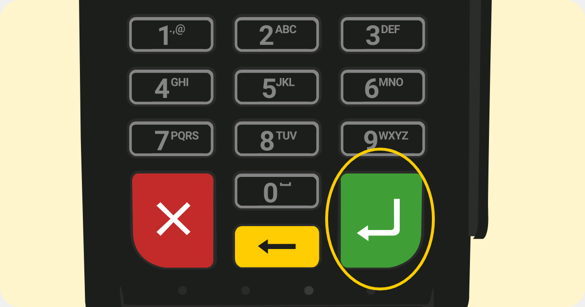 Green enter button on the Shaker Solo card machine circled in yellow