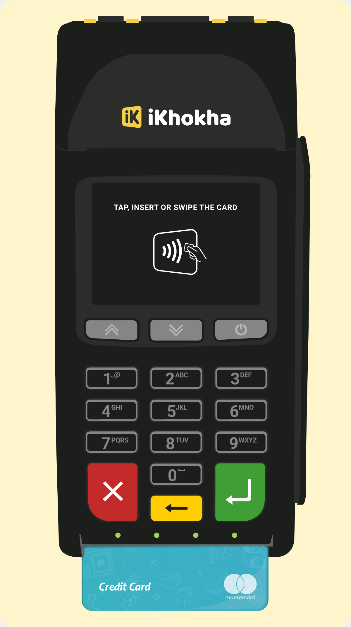 Shaker Solo card machine with the tap-and go icon on the screen and a blue card inserted at the bottom