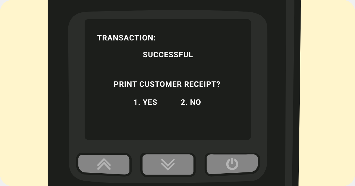 Successful transaction screen of the Shaker Solo card machine asking to print customer receipt with yes and no options