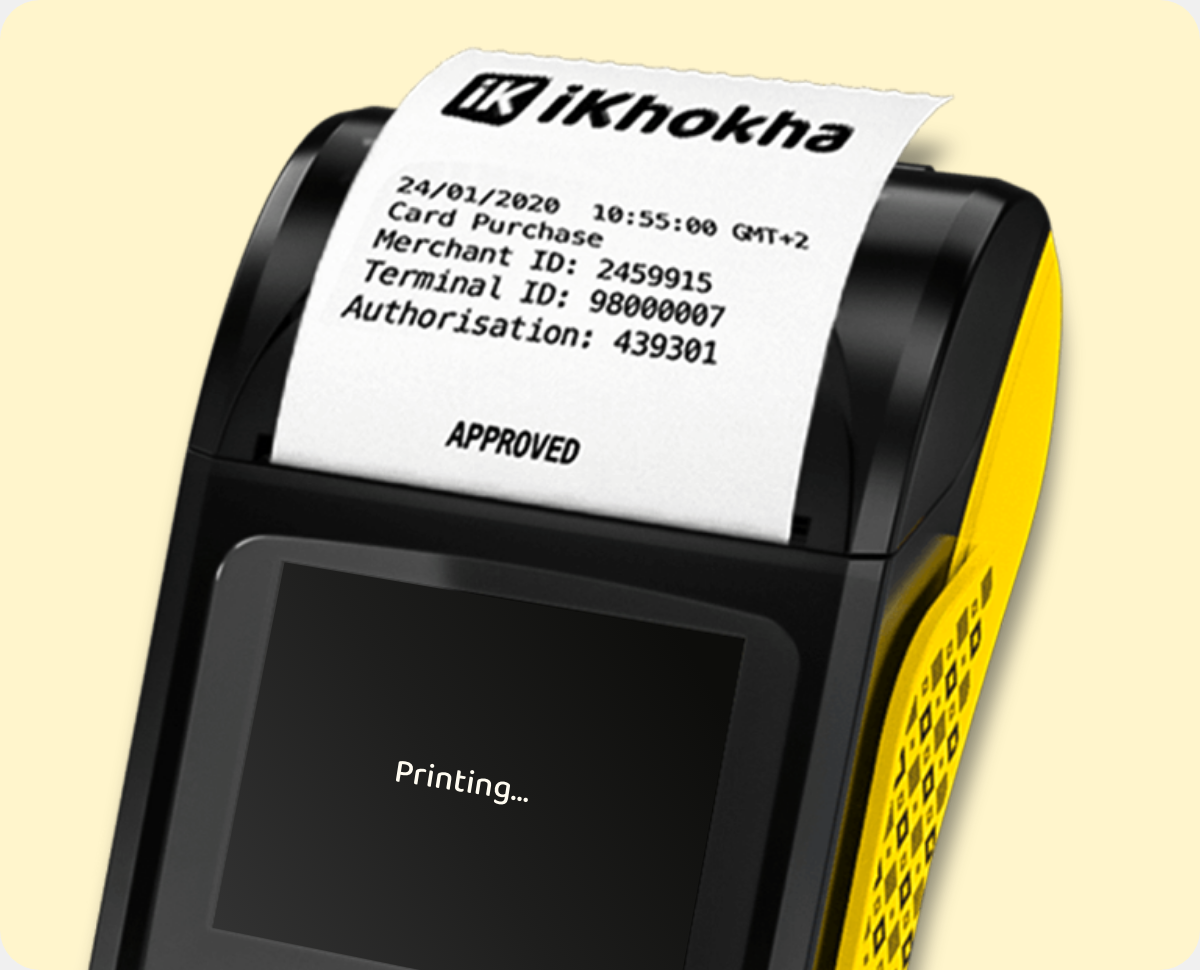 Shaker Solo card machine printing screen with a receipt emerging from the printer