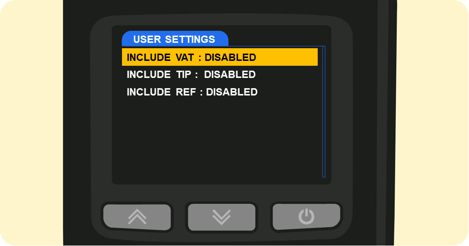 Menu, Settings, User Settings, VAT, Disabled