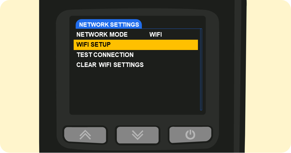 Shaker Solo card machine network settings menu options with Wi-Fi setup highlighted