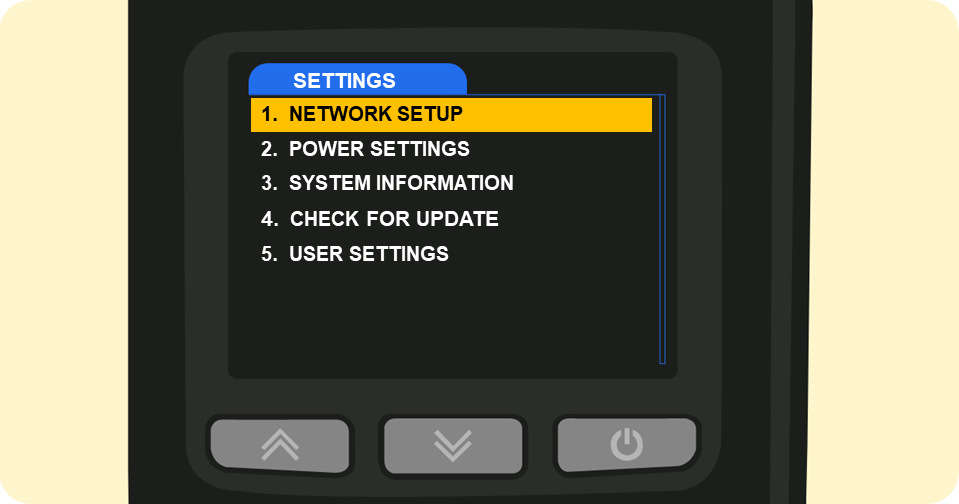 Shaker Solo card machine settings menu options with network setup highlighted