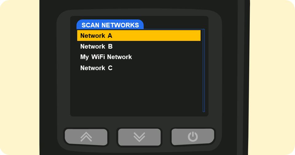 Shaker Solo scan networks menu options with network A highlighted