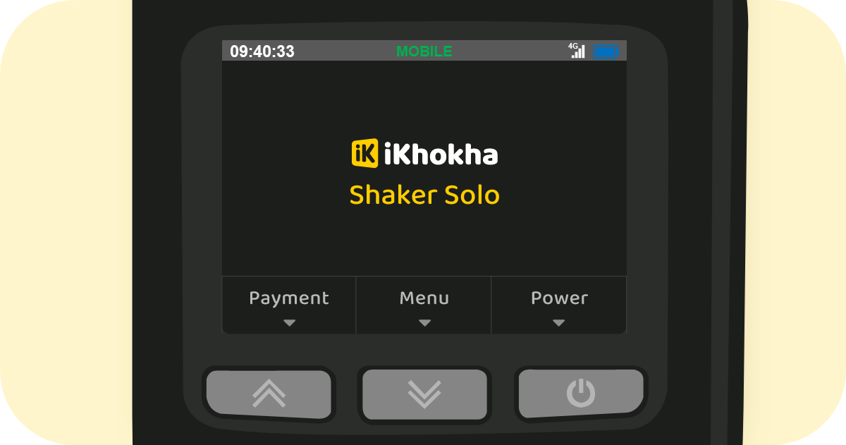 iKhokha Shaker Solo card machine landing screen showing the card machine connected to a mobile network