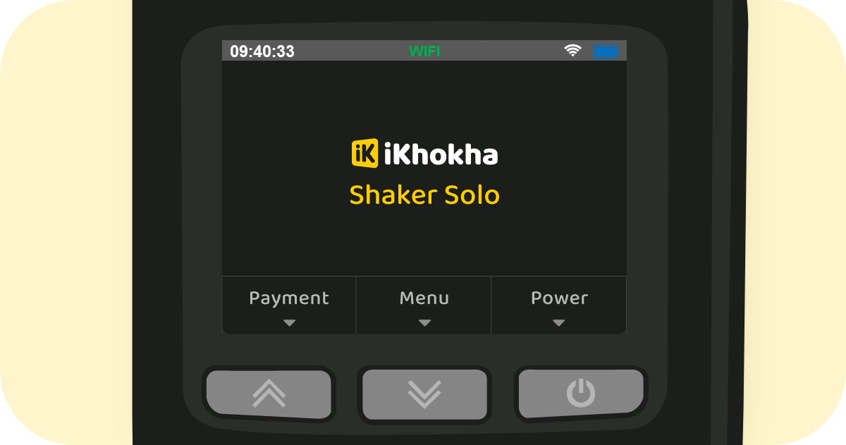iKhokha Shaker Solo card machine landing screen showing the card machine connected to a Wi-Fi network