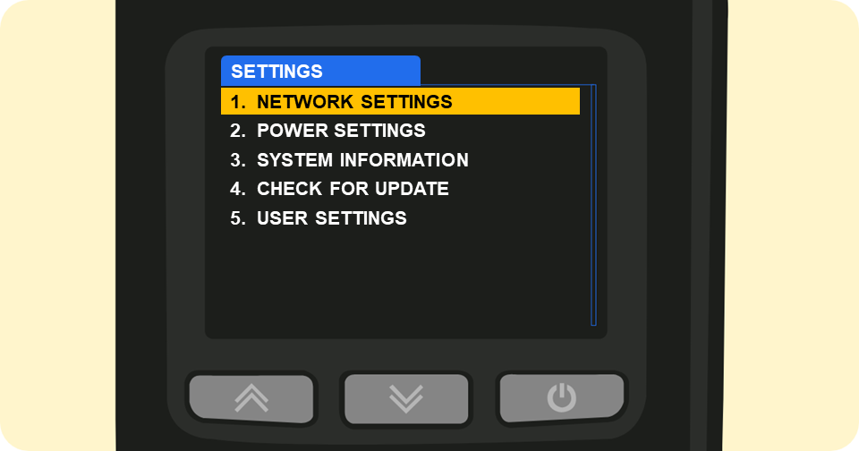 Shaker Solo card machine settings menu options with network settings highlighted