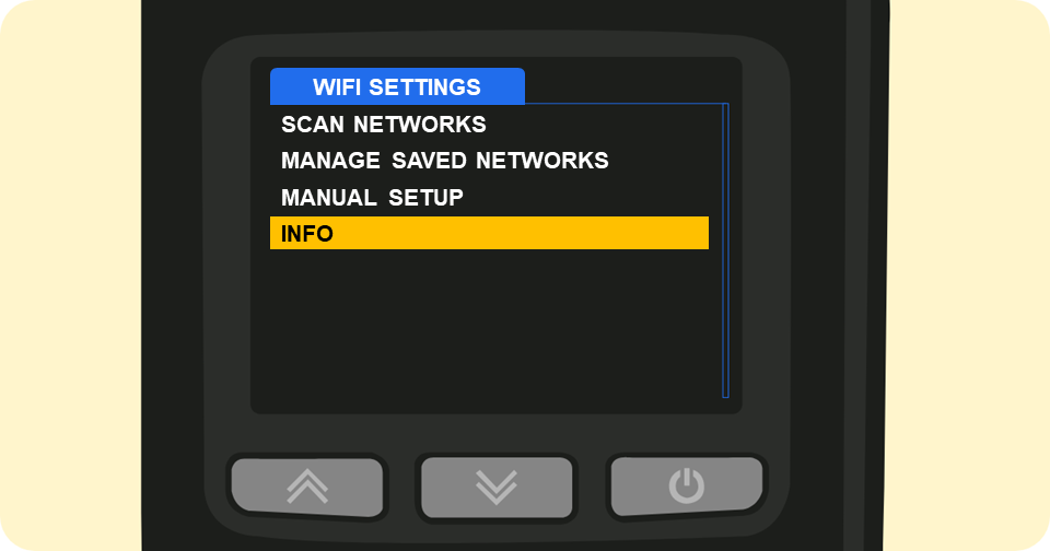 Shaker Solo card machine Wi-Fi settings menu options with info highlighted